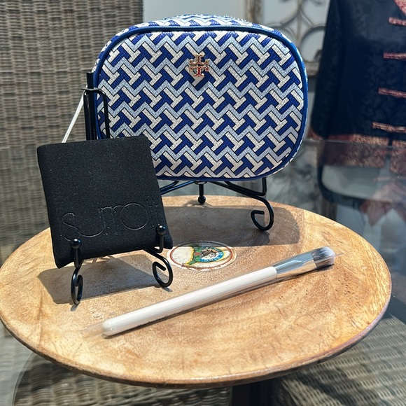 Tory Burch Handbags - Tory Burch Blue and White Pattern Cosmetic Bag & Surratt Pallette with Brush
